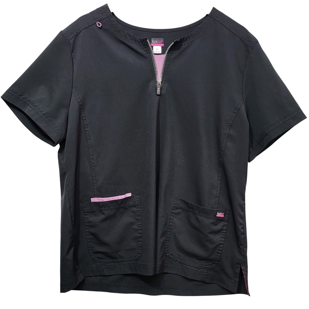 Koi Lite Serenity Black Pink Zip Front Scrub Top Womens XL 358 Stretch Medical